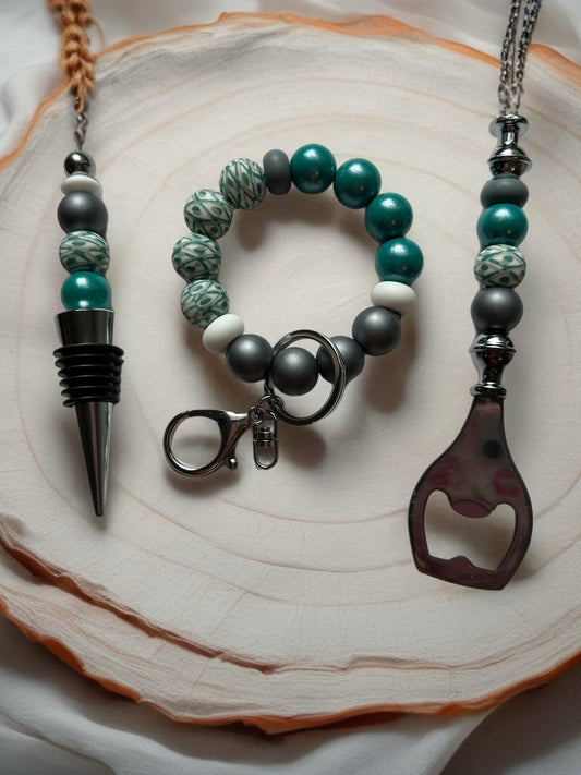 Wine Stopper, Bottle Opener & Keychain Wristlet Gift Set