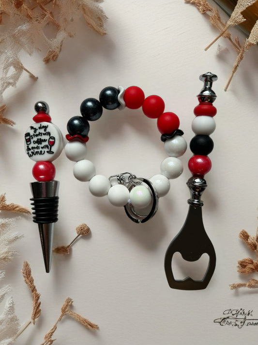 Wine Stopper, Bottle Opener & Keychain Wristlet Gift Set