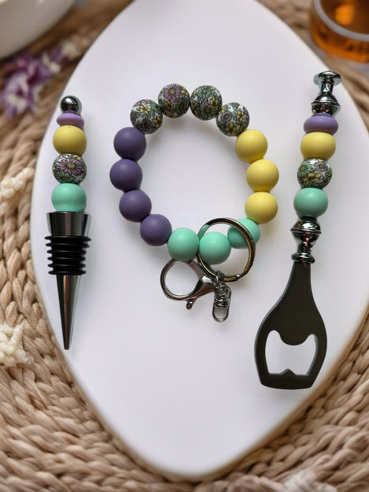 Wine Stopper, Bottle Opener & Keychain Wristlet Gift Set