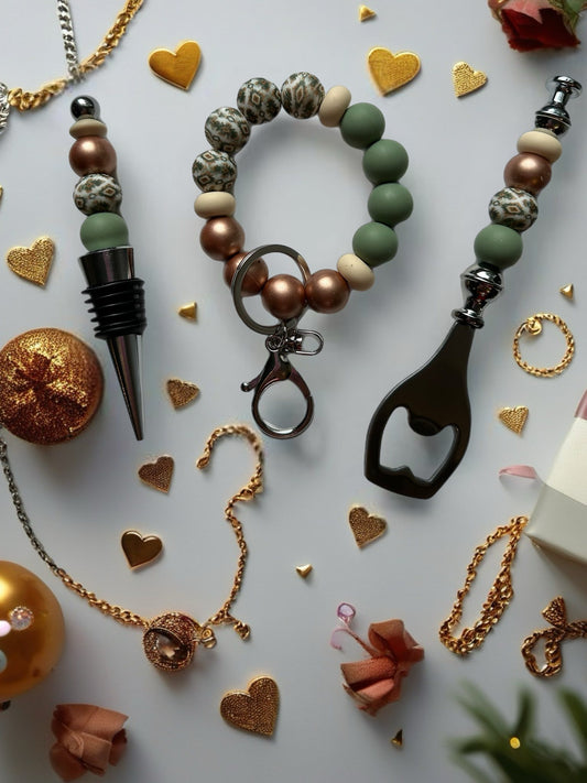 Wine Stopper, Bottle Opener & Keychain Wristlet Gift Set