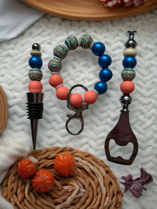 Wine Stopper, Bottle Opener & Keychain Wristlet Gift Set